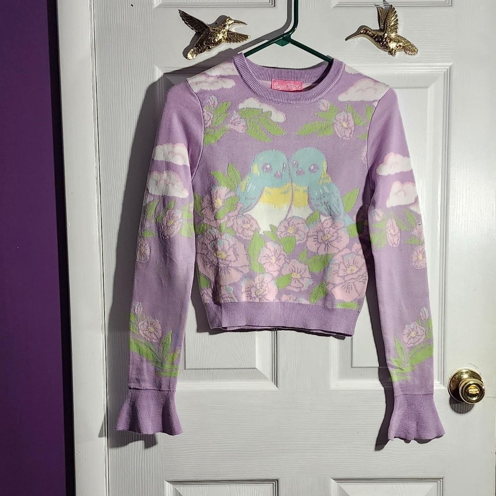 Sugar Thrillz Lilac Bluebird Bell Sleeve Floral Knit Sweater